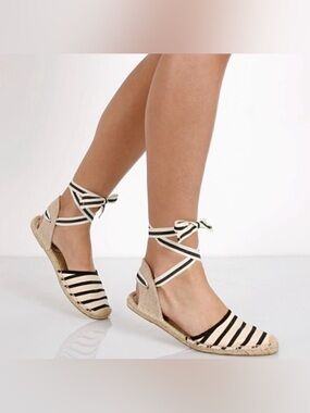 Soludos espadrille flat shoes canvas leg ankle tie cream black stripe 9.5